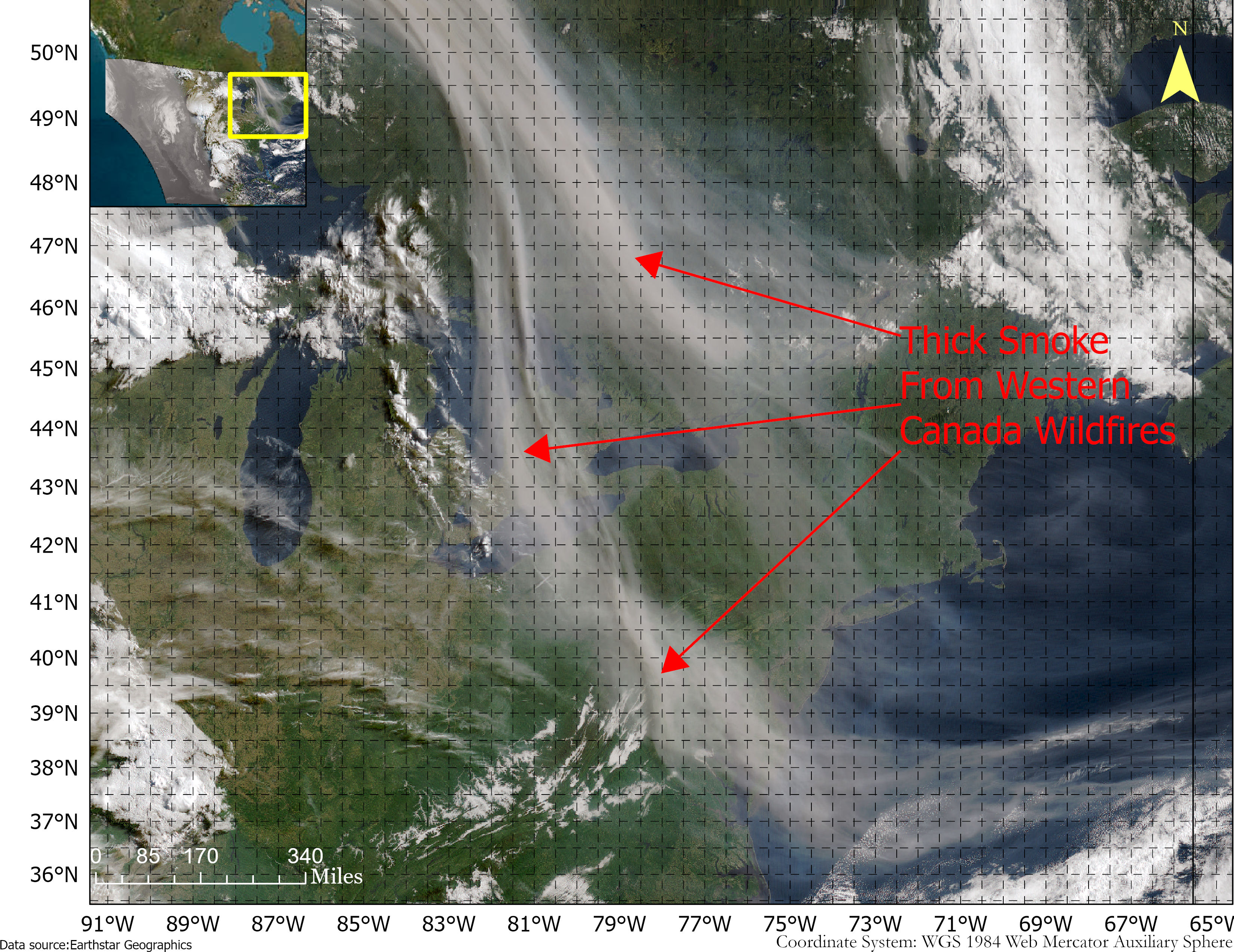 See a satellite view of wildfire smoke from Canada across the U.S.